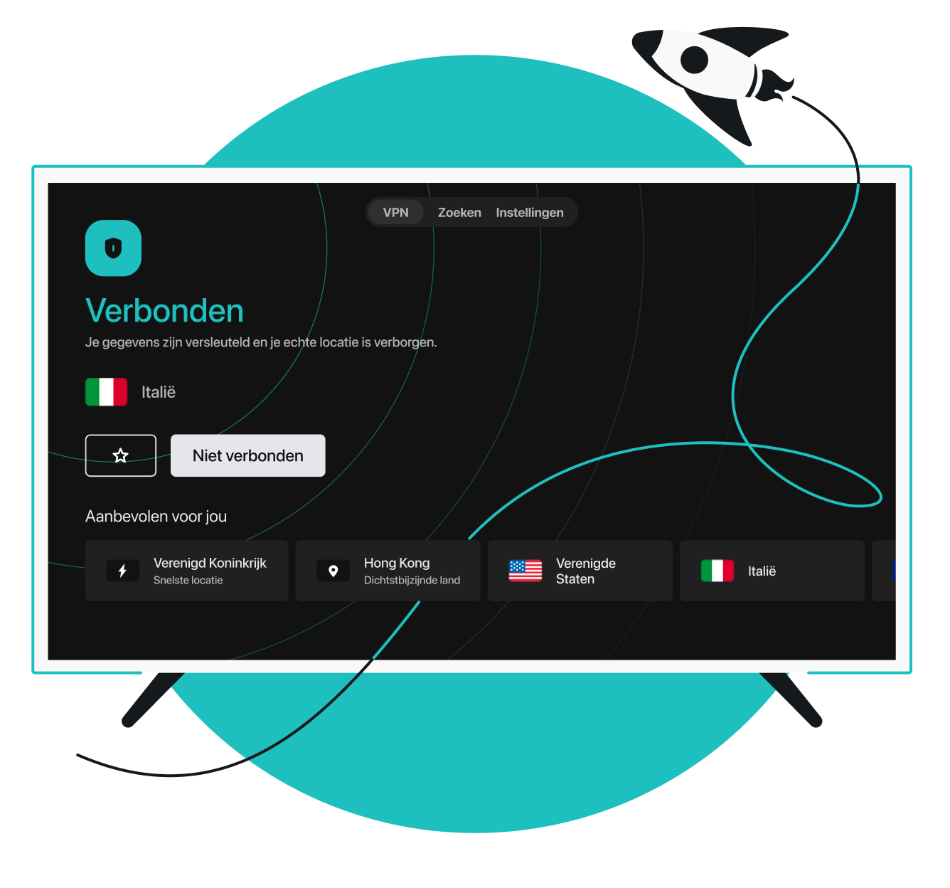 Een smart-tv-scherm toont een VPN-interface die is verbonden met Italië, met knoppen om de verbinding te verbreken of over te schakelen naar aanbevolen locaties.