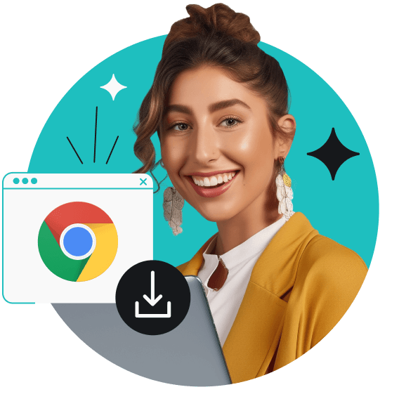 Sarı ceketli gülümseyen bir kadın, bir dizüstü bilgisayar tutuyor. Sol tarafında Chrome logosu olan bir tarayıcı var.