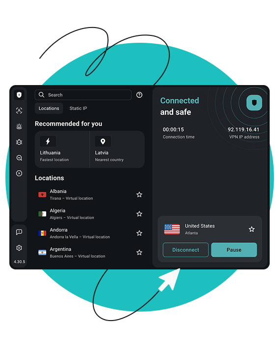Surfshark VPN kullanıcı arayüzünün ekran görüntüsünde "Bağlandı ve güvenli" ifadesi ve "Bağlantıyı Kes ve Duraklat" düğmeleri yer alıyor.