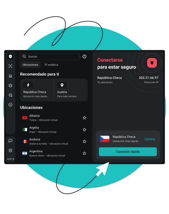 Captura de pantalla de la interfaz de usuario de Surfshark VPN con el texto Conectado y seguro y botones etiquetados como Desconectar y Pausar.