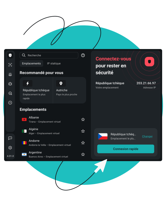 Capture d’écran de l’interface utilisateur du VPN Surfshark avec le texte Connected and safe (Connecté et sûr) et les boutons Disconnect (Déconnecter) et Pause (Pause).
