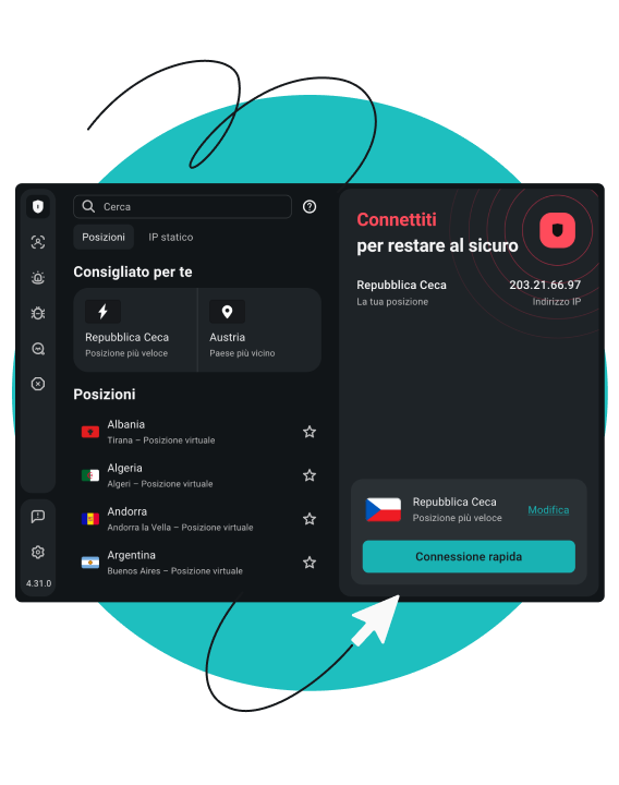 Screenshot dell'interfaccia utente di Surfshark VPN con la scritta Connesso e sicuro e i pulsanti Disconnetti e Pausa.