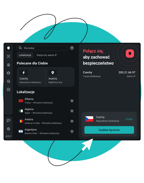 Zrzut ekranu interfejsu Surfshark VPN z tekstem „Połączono dla ochrony” oraz przyciskami „Rozłącz” i „Wstrzymaj”.