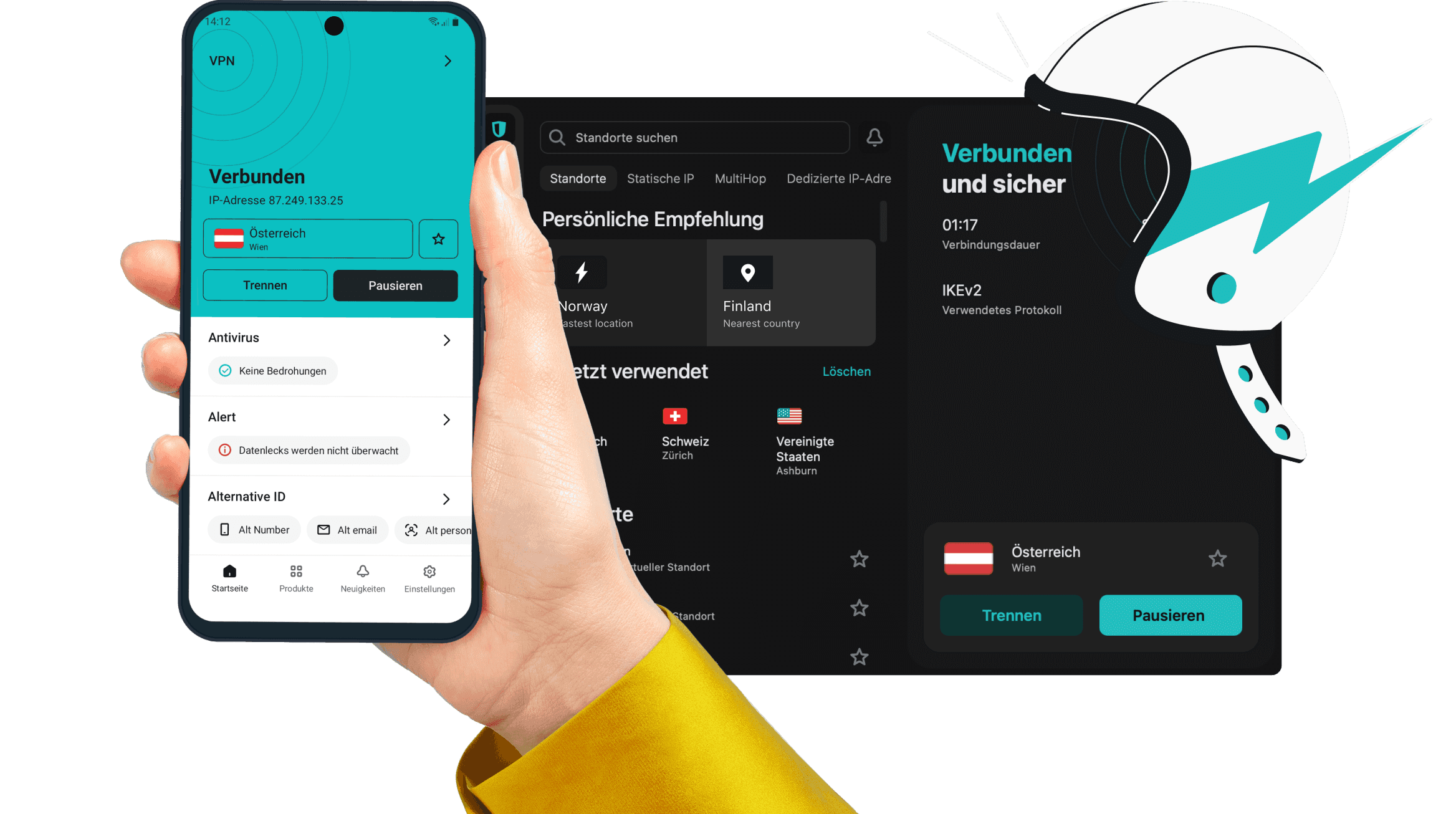 Eine Hand hält ein Smartphone mit geöffneter Surfshark-App und App-Oberfläche im Hintergrund.