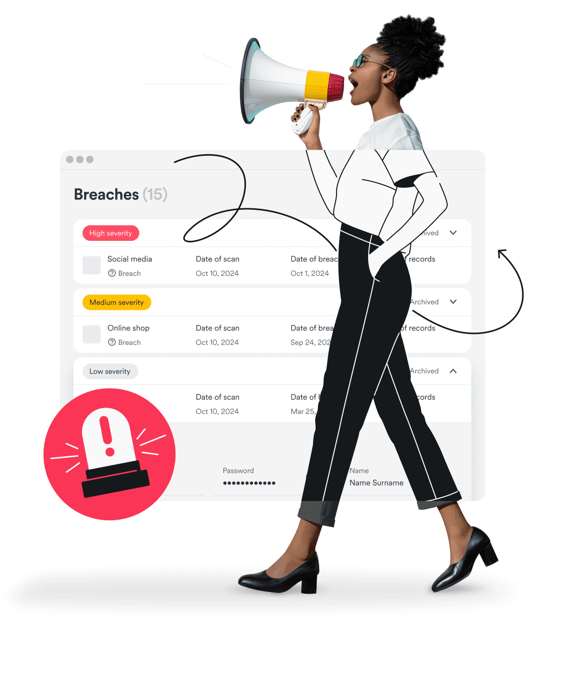 Eine Frau, die läuft und in ein Megafon schreit. Ein Tisch mit Datenlecks und einer roten Warnleuchte im Hintergrund.