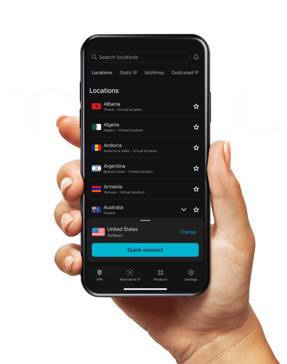 A hand holding a smartphone displaying a VPN locations list, featuring a white squiggle in the background.