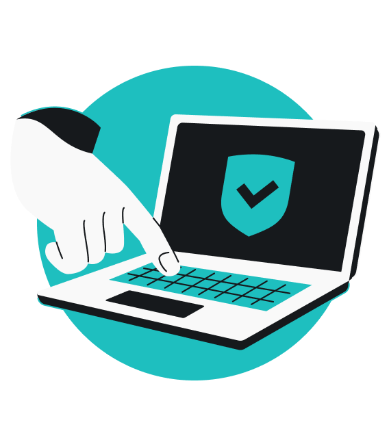 A hand pointing at a laptop with a checkmarked shield icon on the screen.