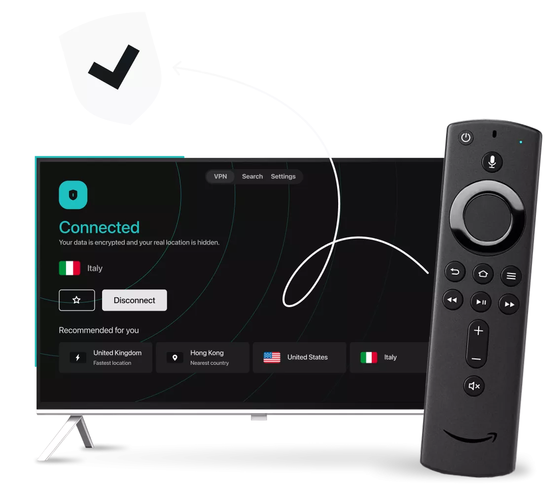 A smart TV showing the Surfshark VPN interface next to an Amazon Fire TV remote, a curved arrow, and a checkmarked shield.