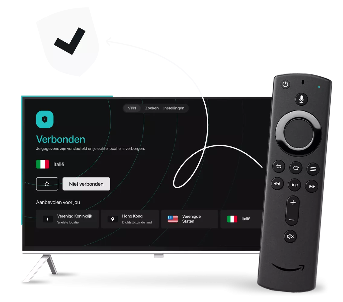 Een smart-tv die de Surfshark VPN-interface toont naast een Amazon Fire TV-afstandsbediening, een gebogen pijl en een schild met een vinkje.