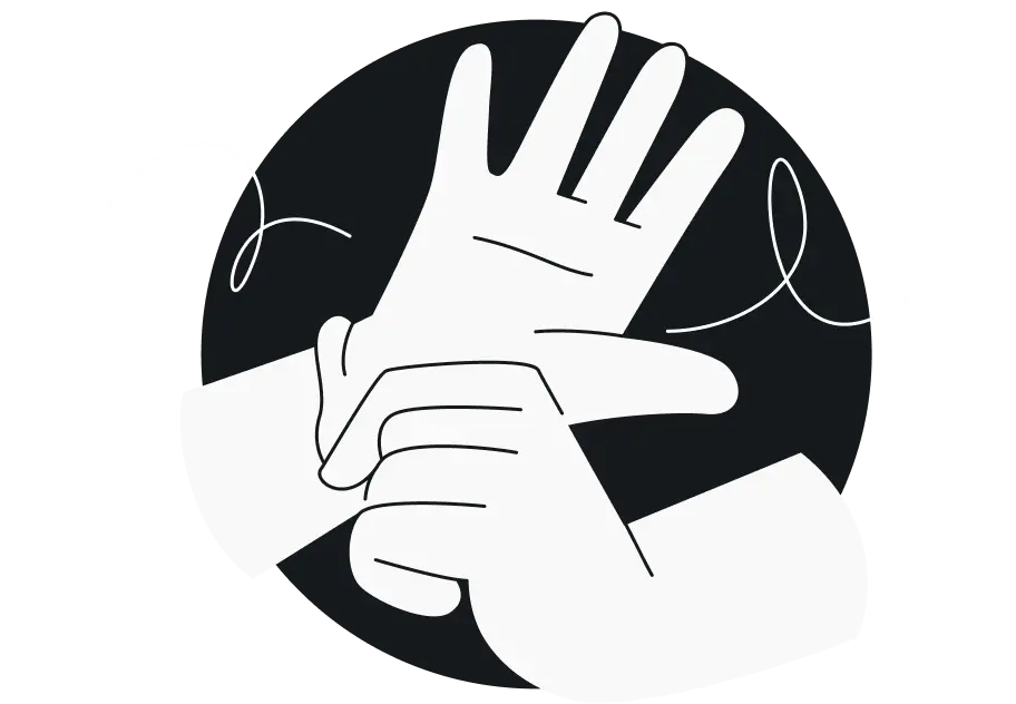 Weiße Hände im Hintergrund, die sich weiße Handschuhe überstreifen.