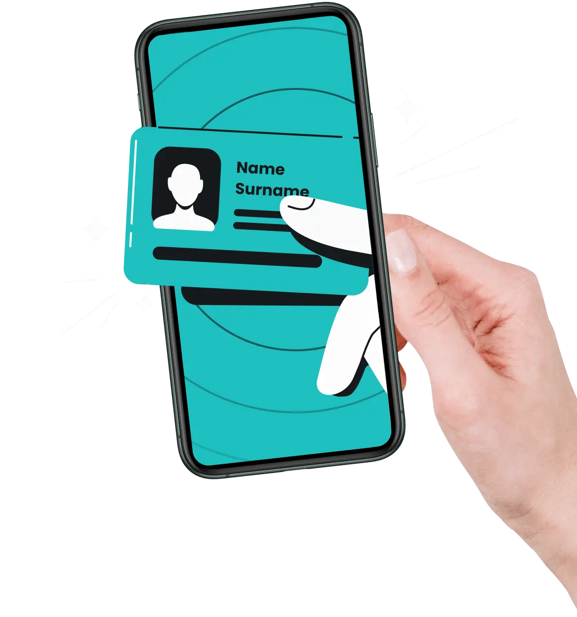 Eine Hand hält die Alternative ID-Karte im blaugrünen Smartphone. Vor- und Nachname stehen auf der Karte.