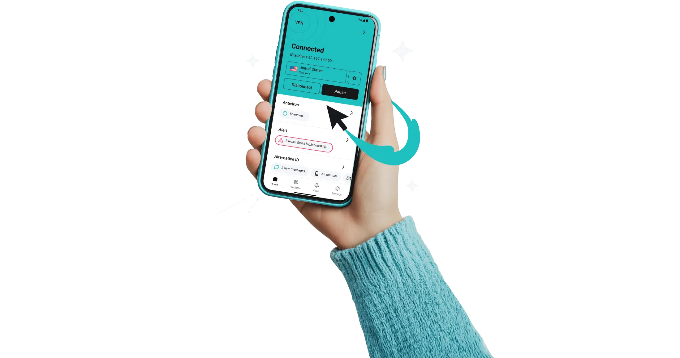 Eine Hand, die ein Smartphone hält, auf dem die Surfshark-App mit Tools wie VPN und Antivirus angezeigt wird, und ein Pfeil mit einer türkisfarbenen Spur.