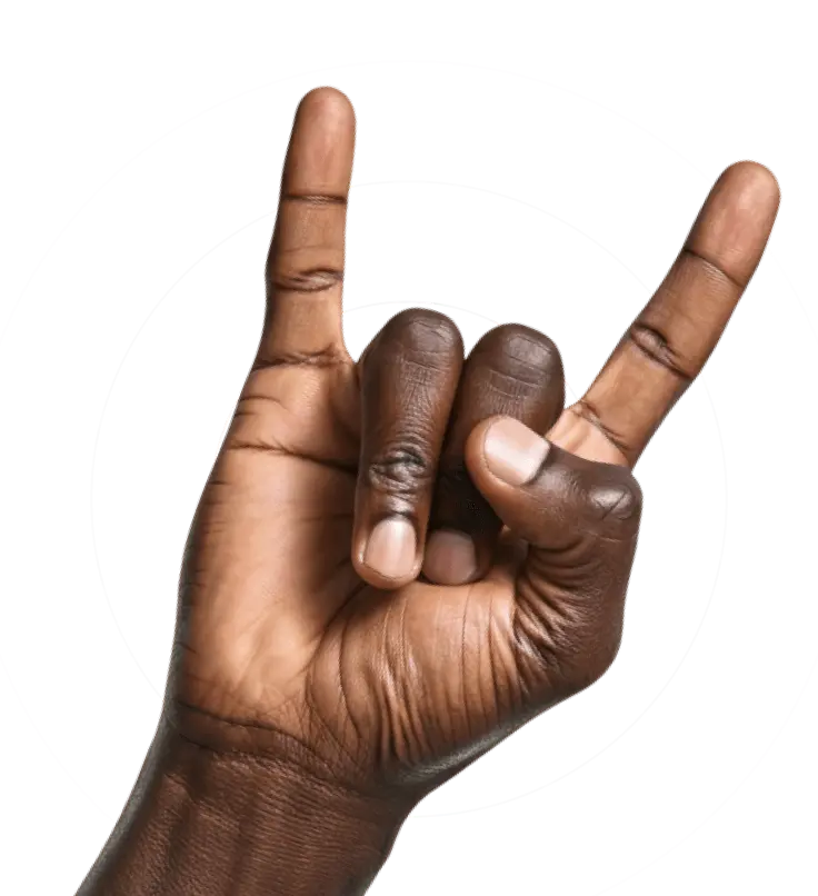 Eine Hand mit ausgestrecktem Zeige- und kleinem Finger, die anderen Finger sind angewinkelt.