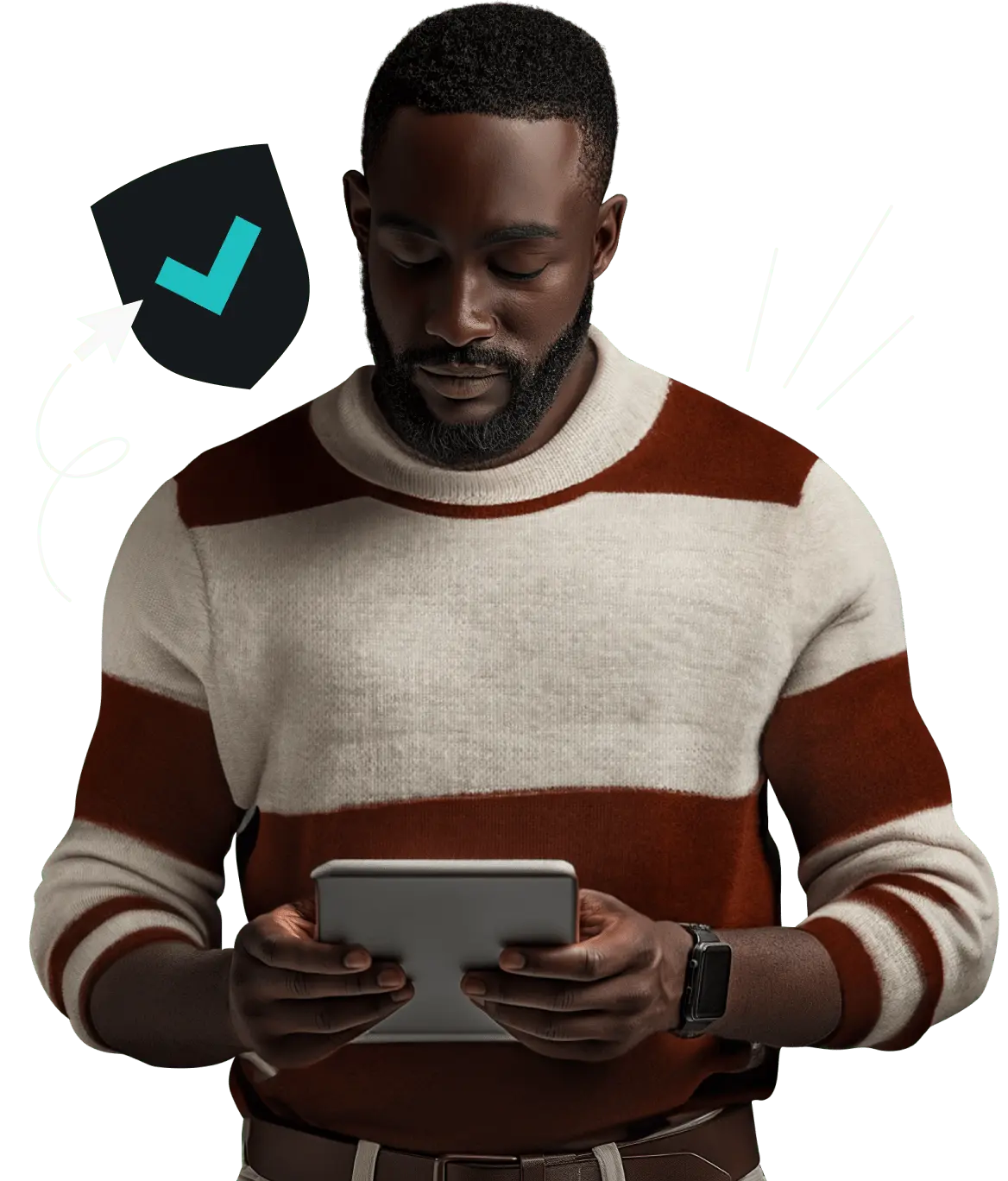 Ein bärtiger Mann, der auf ein Tablet und ein stilisiertes Schild mit einem Häkchen daneben herabschaut.