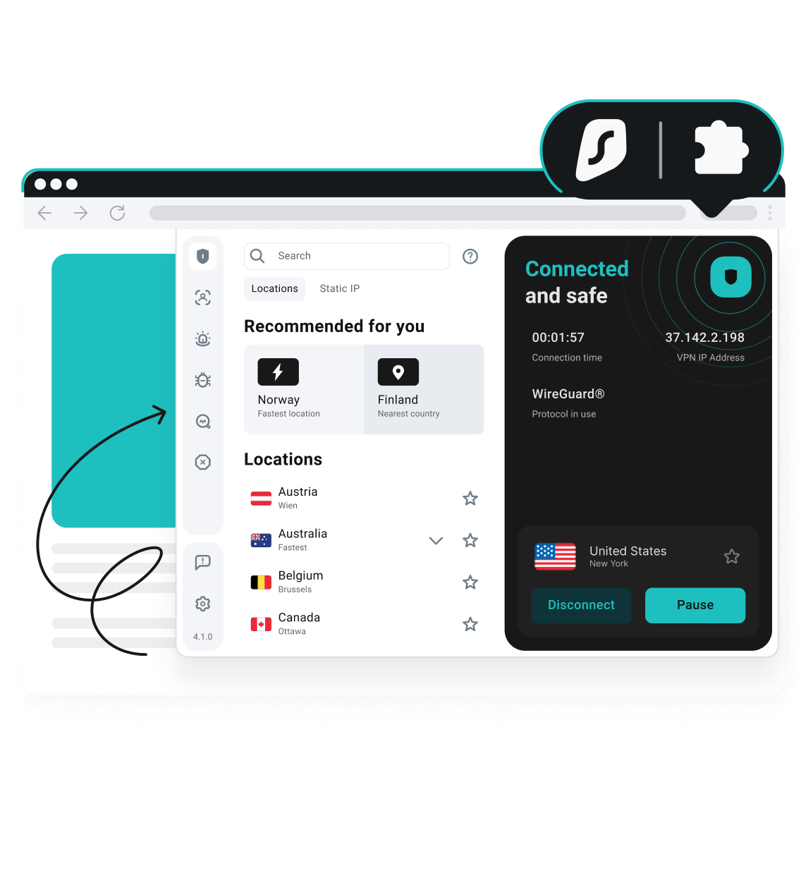 一個瀏覽器畫面中顯示 Surfshark VPN 擴充功能的介面，畫面上標示連線至美國伺服器，畫面右上角可見 Surfshark 標誌與瀏覽器擴充功能的拼圖圖示。