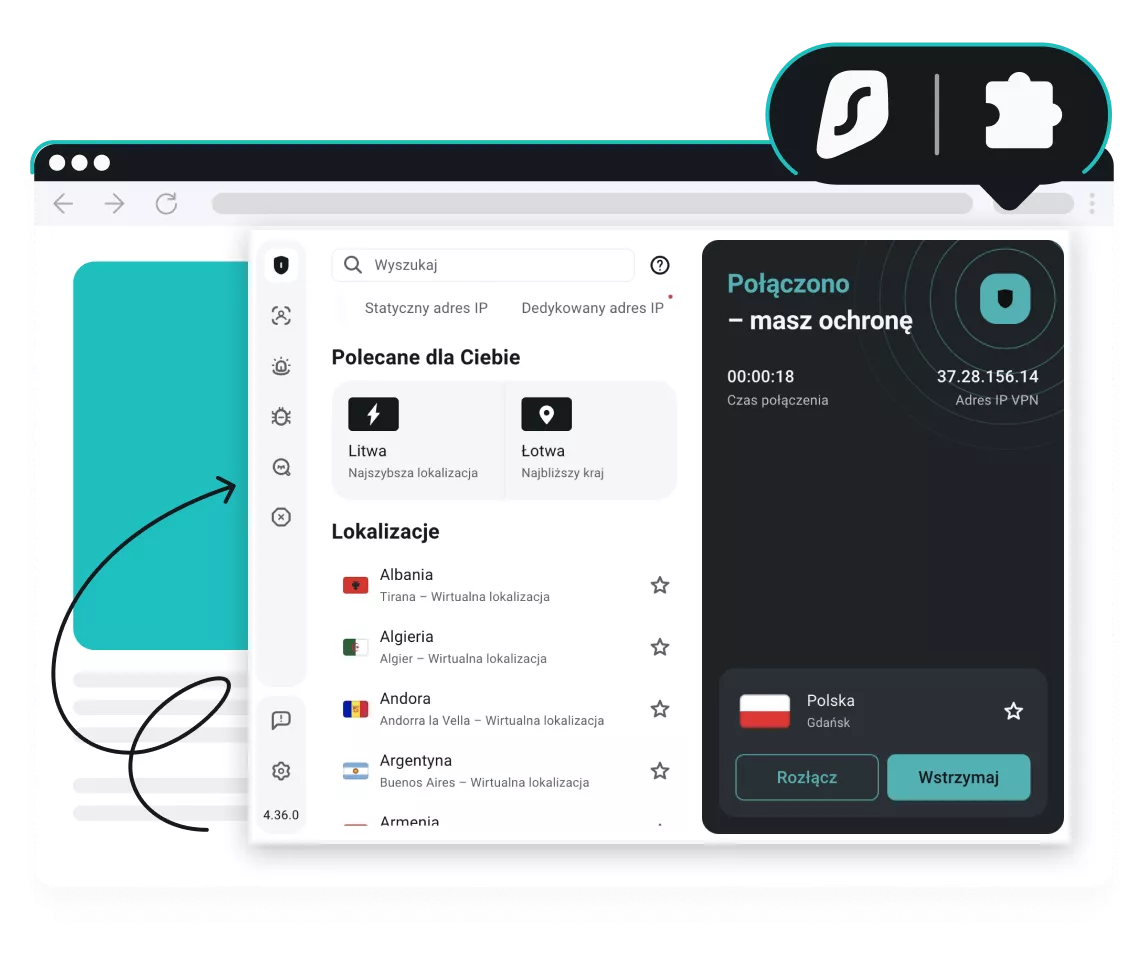 Rozszerzenie Surfshark VPN w przeglądarce internetowej z połączeniem z USA, a nad nim logo Surfshark oraz ikona puzzla.