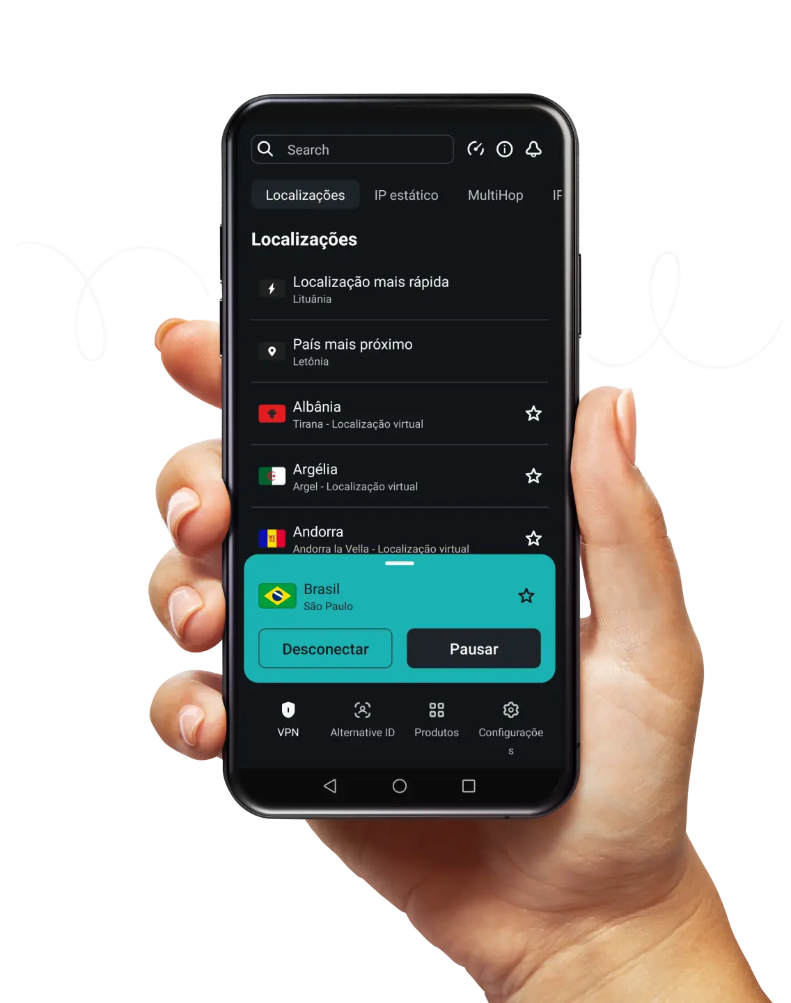 Uma mão segurando um smartphone exibindo uma lista de locais de VPN, com um rabisco branco ao fundo.