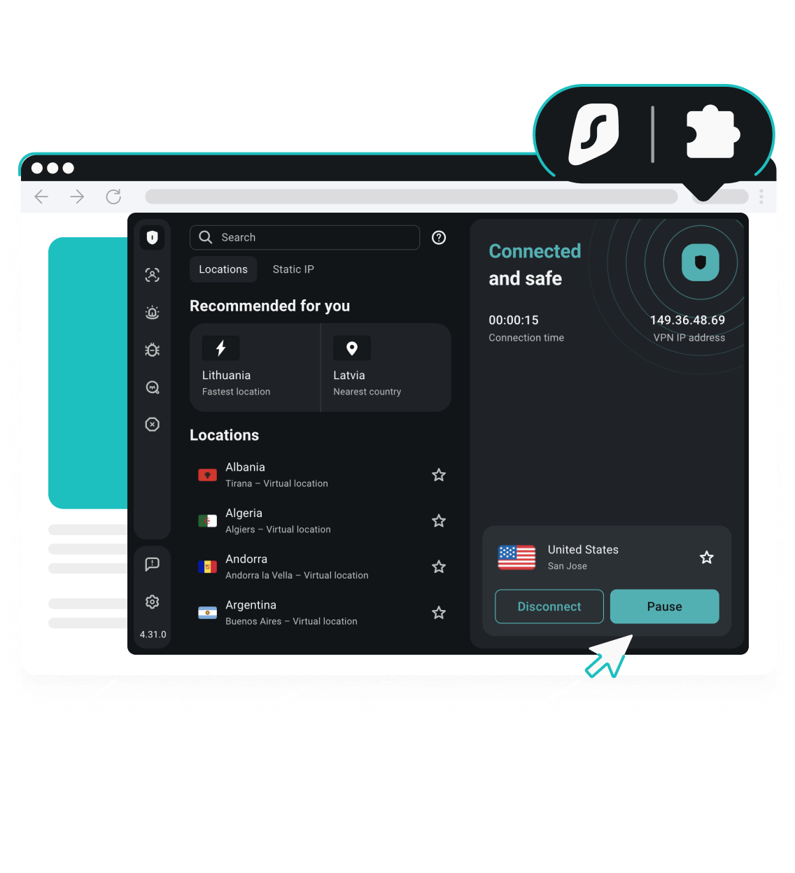 Ein Screenshot der Benutzeroberfläche der Surfshark VPN-Browsererweiterung unter dem Surfshark-Logo und dem Puzzleteil-Symbol der Erweiterung.