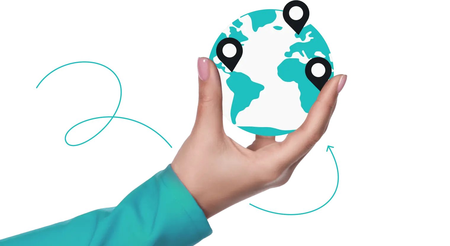 A hand holding a globe with three black pins.