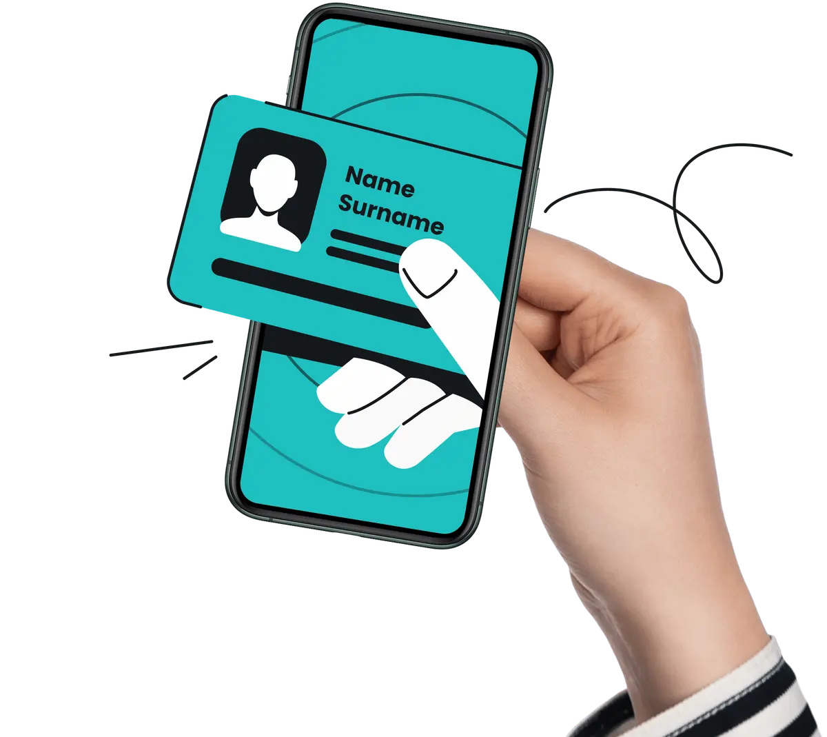 Eine Hand, die in ein Smartphone-Display hineinragt mit Namenskärtchen zwischen zwei sich bewegenden Fingern