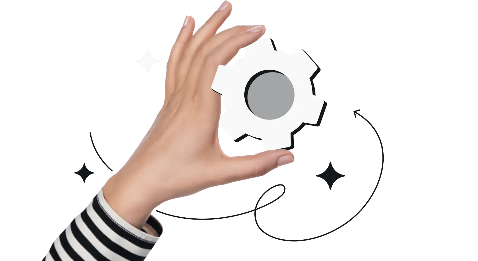 Eine Hand hält ein weißes Zahnrad.