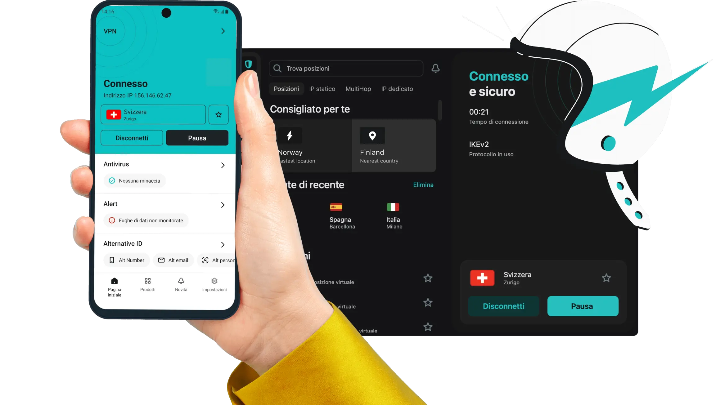 Una mano sostiene uno smartphone con l'app di Surfshark aperta e l'interfaccia dell'app sullo sfondo.