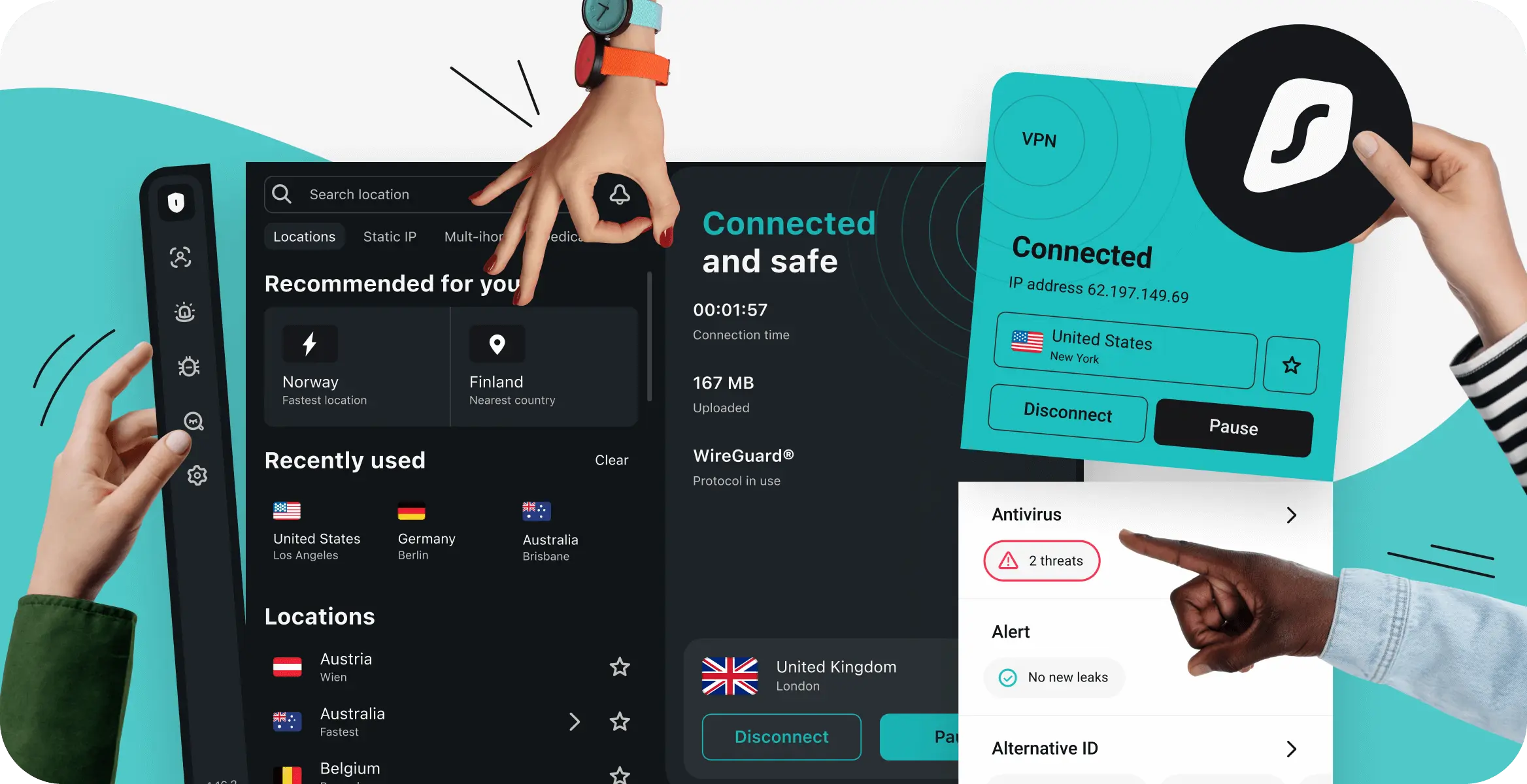 Die Oberfläche der Surfshark-App mit verschiedenen Registerkarten, umgeben von Händen, die Zeichen formen und das Surfshark-Logo halten.