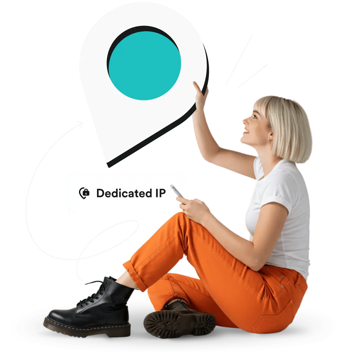 Eine Frau mit einem Smartphone in der Hand und einem großen Standort-Pin über einer abgerundeten rechteckigen Box mit dem Text „Dedicated IP”.