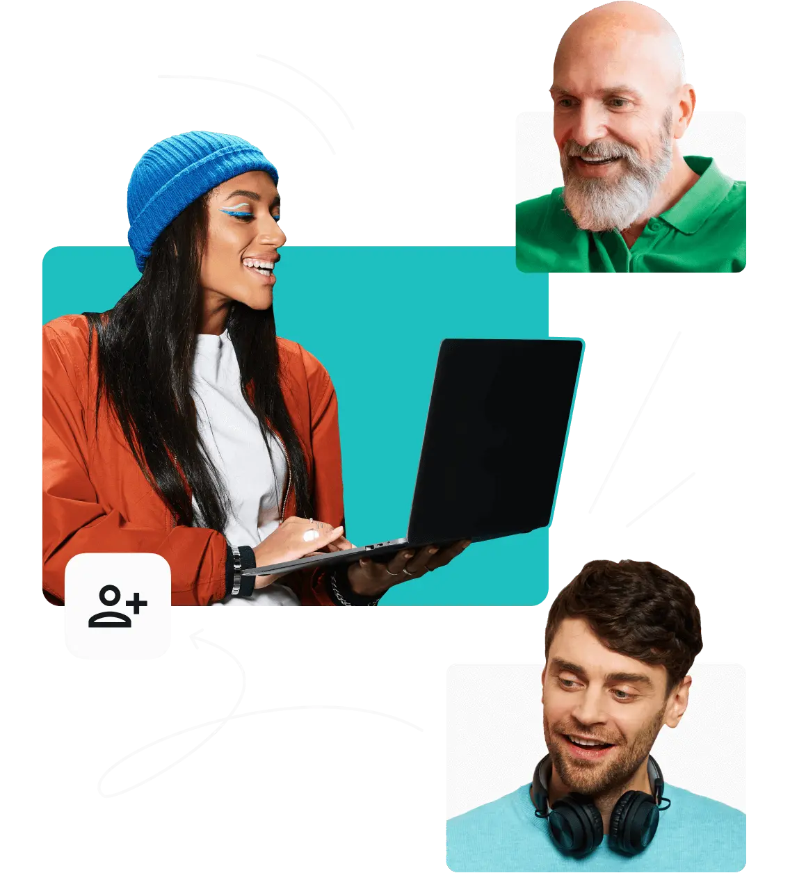 Zwei lächelnde Männer und eine Frau. Einer der Männer trägt eine rote Kappe und Brille.