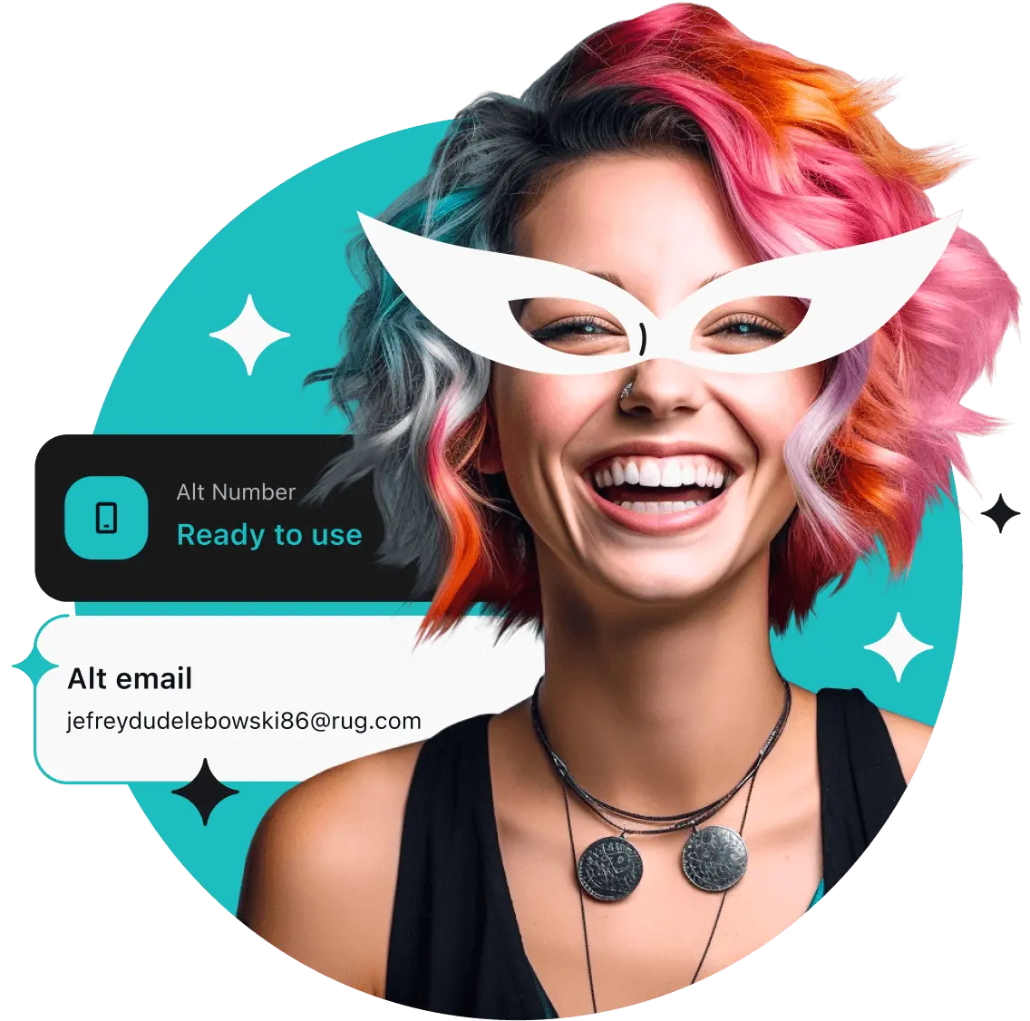 Eine lächelnde Frau mit bunten Haaren und weißer Brille; hinter ihr zwei Textfelder mit alternativer Telefonnummer und E-Mail-Adresse.