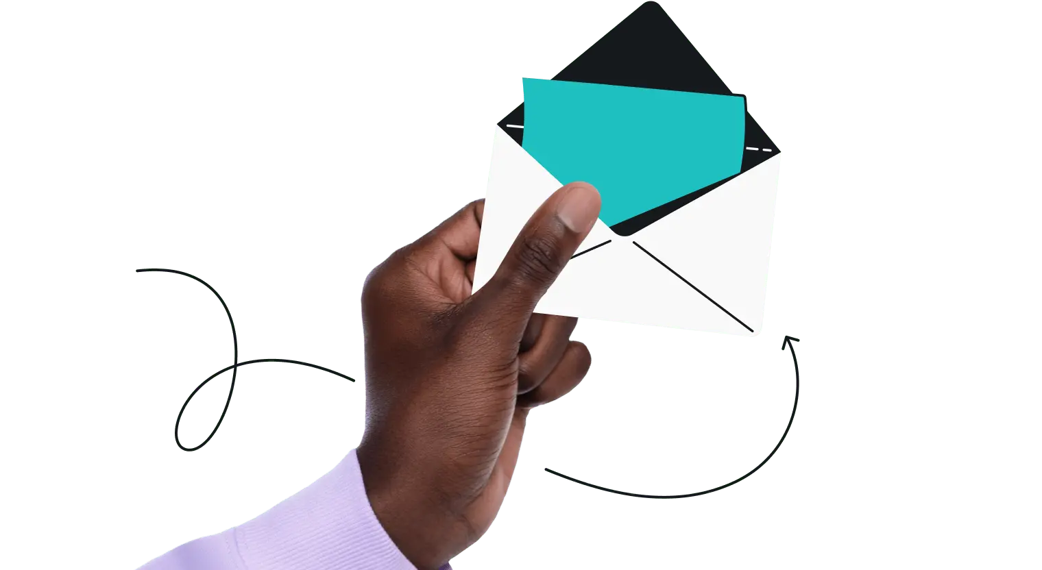 A hand holding a white envelope with a teal letter inside.