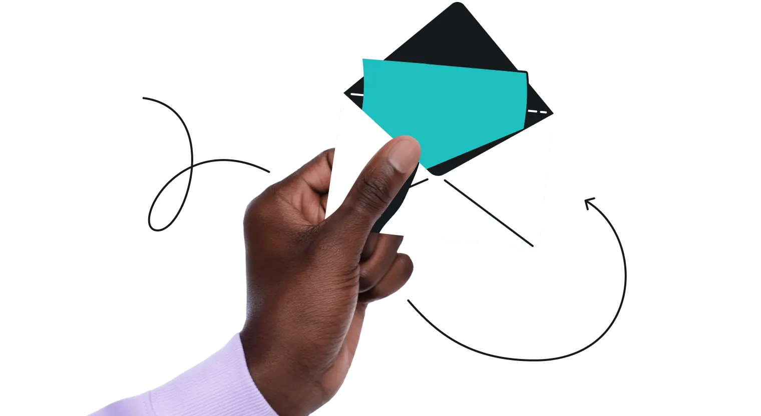 Eine Hand, die einen geöffneten weißen Umschlag mit einem blaugrünen Stück Papier darin hält.