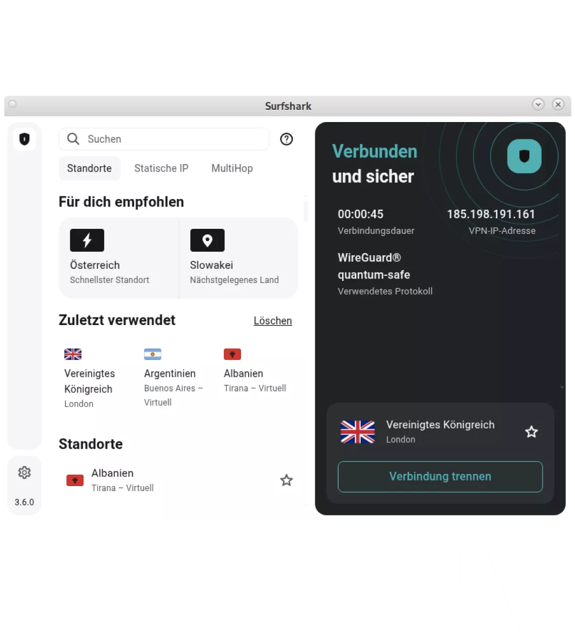 Surfshark VPN Linux-App-Dashboard zeigt eine sichere Verbindung zum UK-Server.