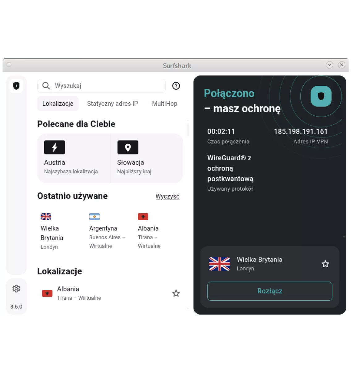 O painel do aplicativo Surfshark VPN para Linux mostra uma conexão segura com o servidor do Reino Unido.