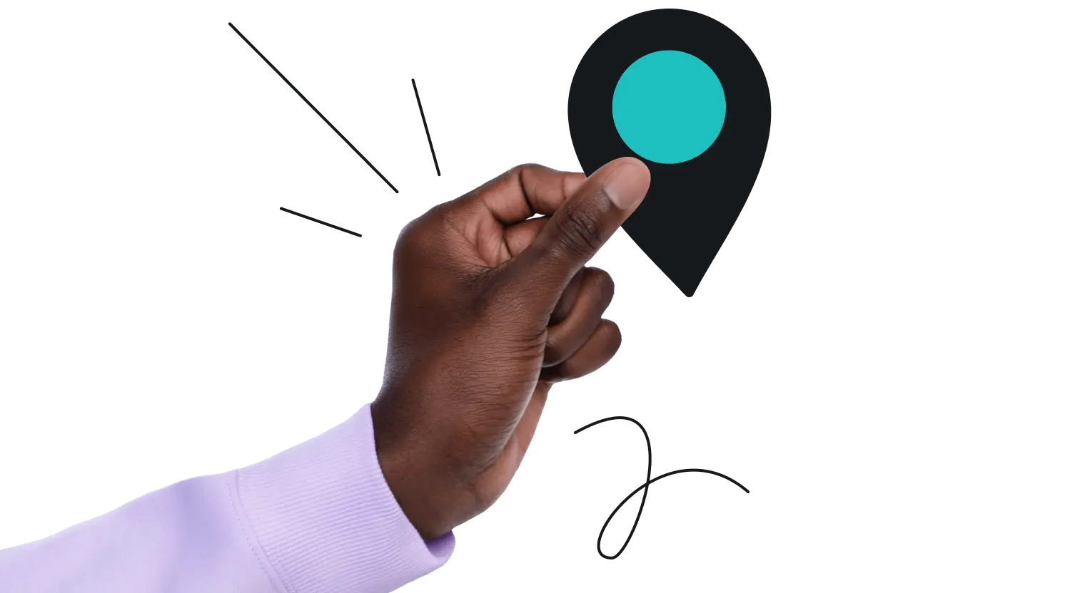 Eine Hand in einem lavendelfarbenen Ärmel, die eine schwarze Stecknadel hält, mit Strichen und Schnörkeln drumherum.