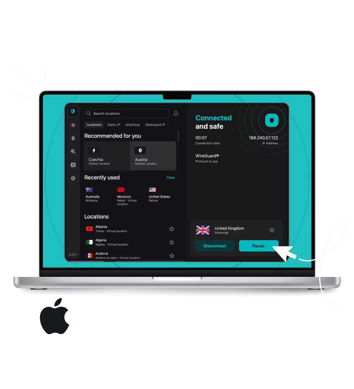 一台 MacBook 显示 Surfshark VPN 应用界面，下方有苹果标志。