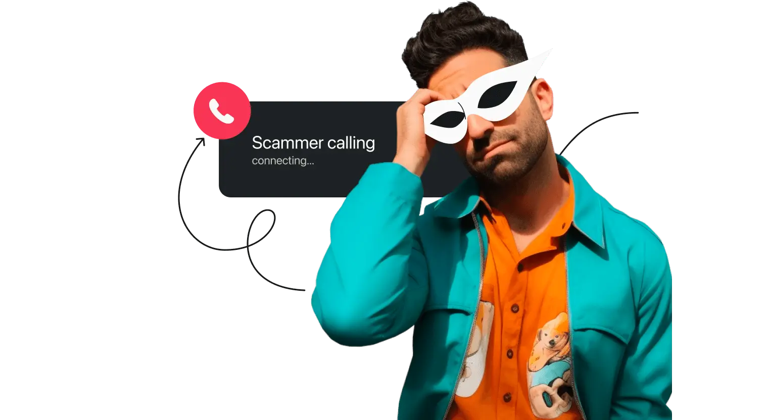 Ein Mann in blaugrüner Jacke, orangefarbenem T-Shirt und weißer Brille runzelt die Stirn. In einem Textfeld hinter ihm steht: "Sieht nach Betrügern aus."