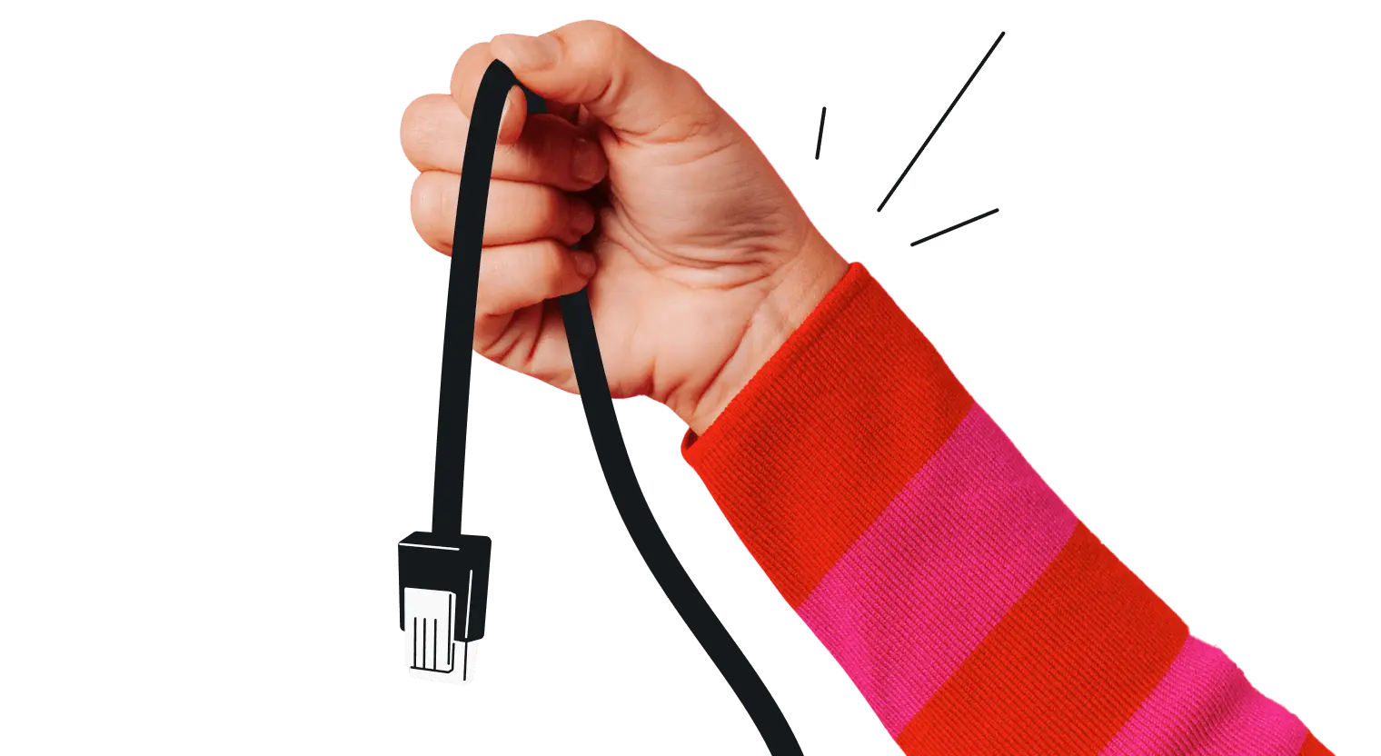 Eine Hand in einem gestreiften Ärmel, die ein schwarzes Kabel festhält, mit einer Reihe von Linien, die wie Schockwellen nach außen gehen.