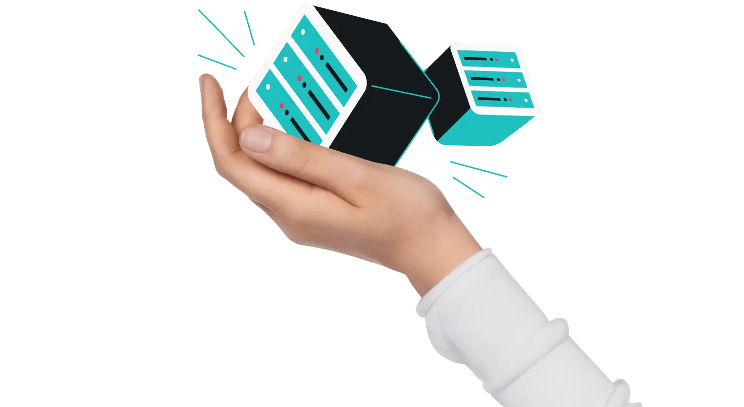 Eine Hand mit einem weißen Ärmel, die einen stilisierten physischen Server hält, hinter dem sich ein weiterer Server befindet