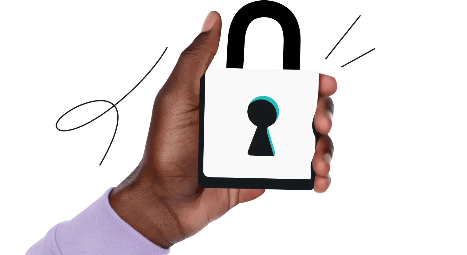 Eine Hand mit einem lilafarbenen Ärmel, die ein stilisiertes weißes Schloss hält