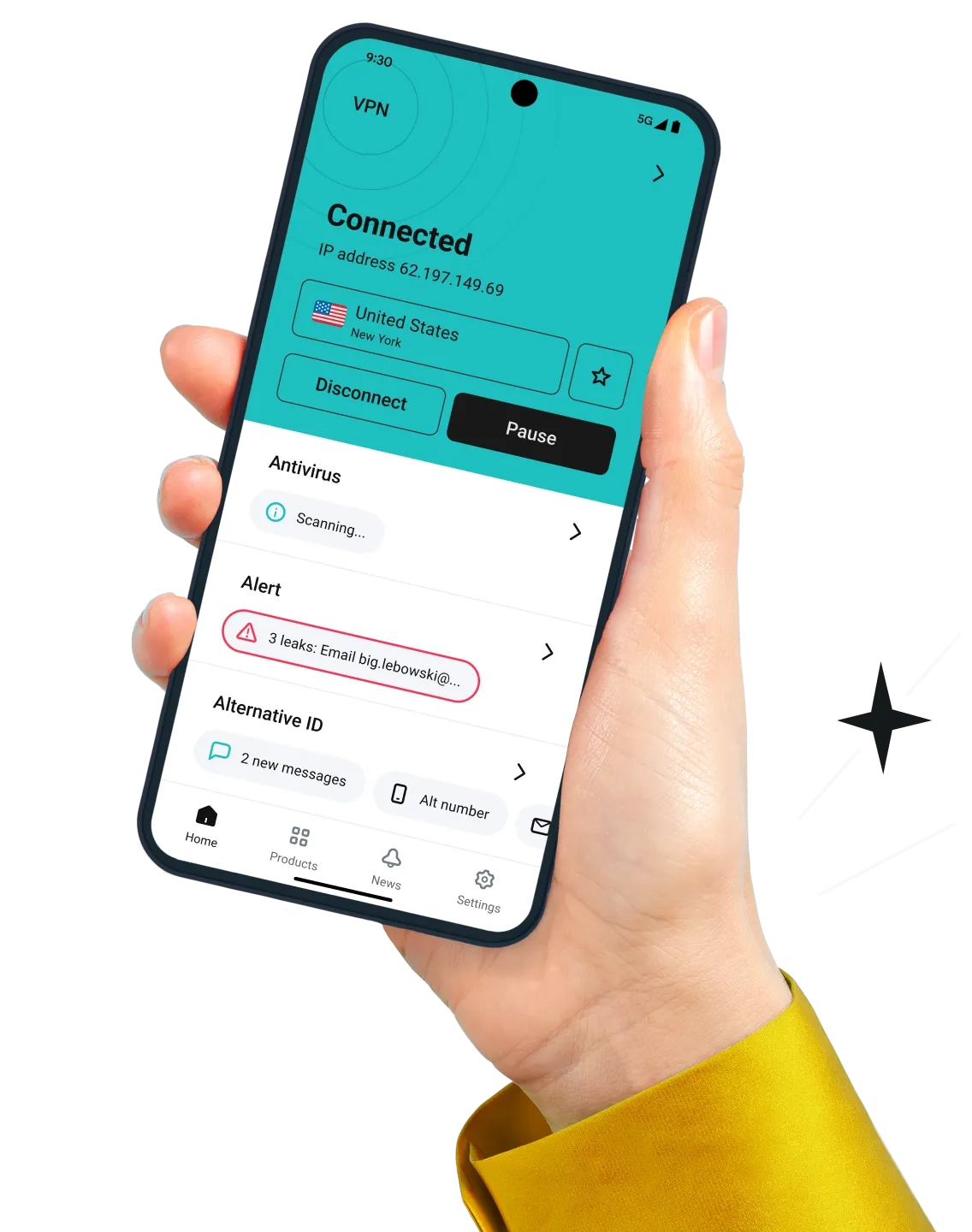 A hand holding an Android smartphone showing the Surfshark app and the VPN, Antivirus, Alert, and Alternative ID tools.