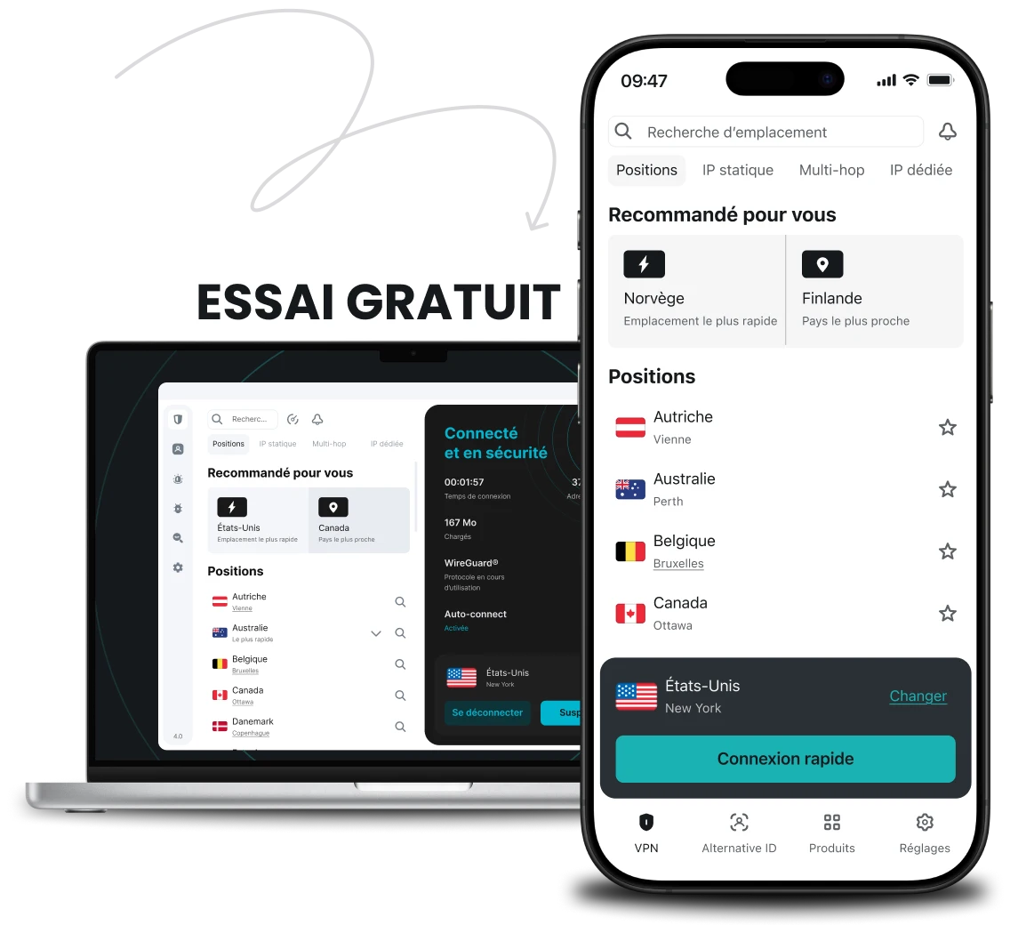 Un ordinateur portable et un téléphone autour d’une bannière Essai gratuit, chaque appareil affichant une liste d’emplacements sur l’application Surfshark.