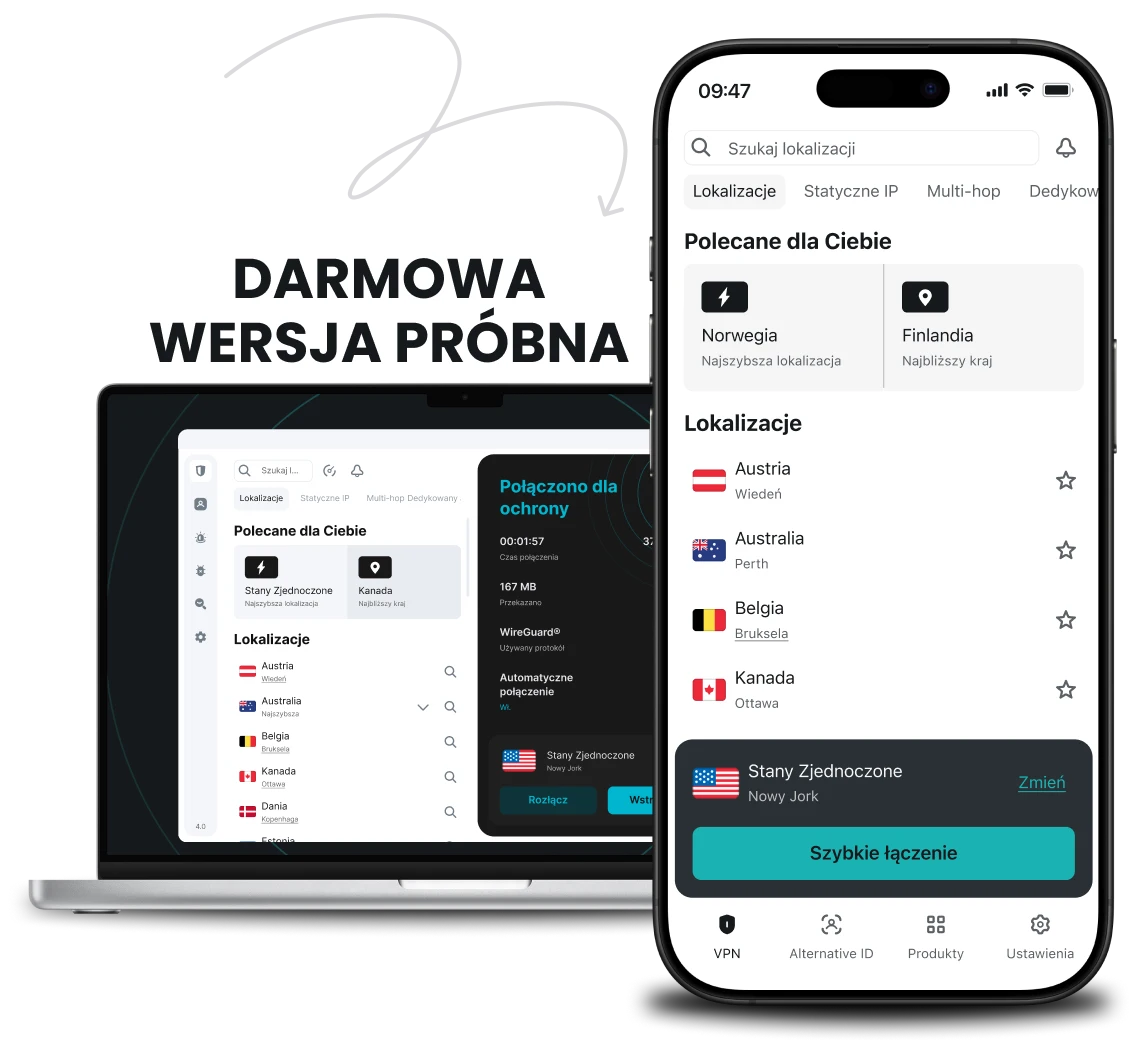Laptop i smartfon przed banerem z napisem „darmowy okres próbny”, a na każdym urządzeniu wyświetlana jest lista lokalizacji w aplikacji Surfshark.