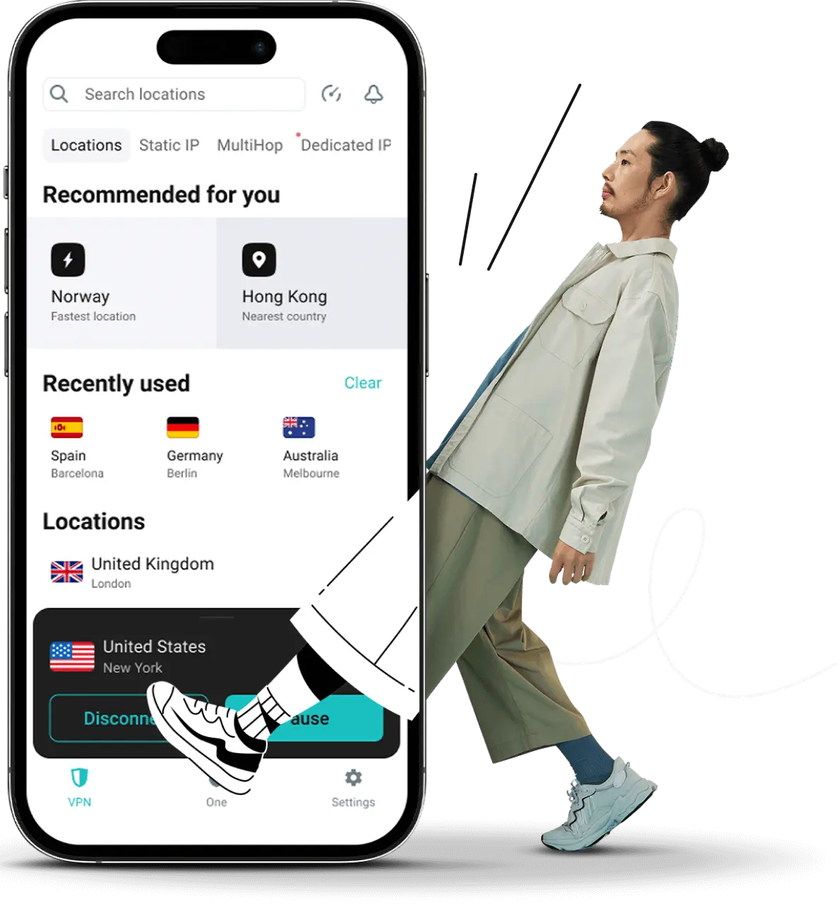 Ein Mann macht einen Schritt nach vorne, mit einem Bein im Cartoon-Stil, und überlagert dabei einen Smartphone-Bildschirm, auf dem die Benutzeroberfläche der Surfshark VPN-App zu sehen ist.