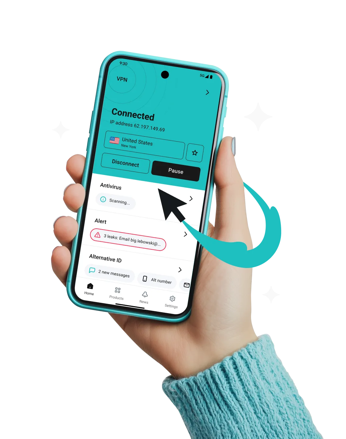Eine Hand hält ein Telefon, das eine VPN-App zeigt, die mit einem US-Server verbunden ist, mit Antiviren-Scan und einer Datenleckwarnung.
