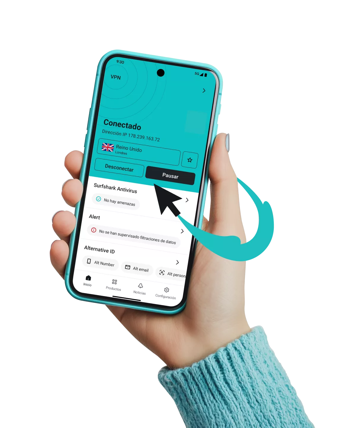 Una mano sostiene un teléfono que muestra una aplicación VPN conectada a un servidor de EE.UU. con un escaneo de antivirus y una alerta de fuga de datos.