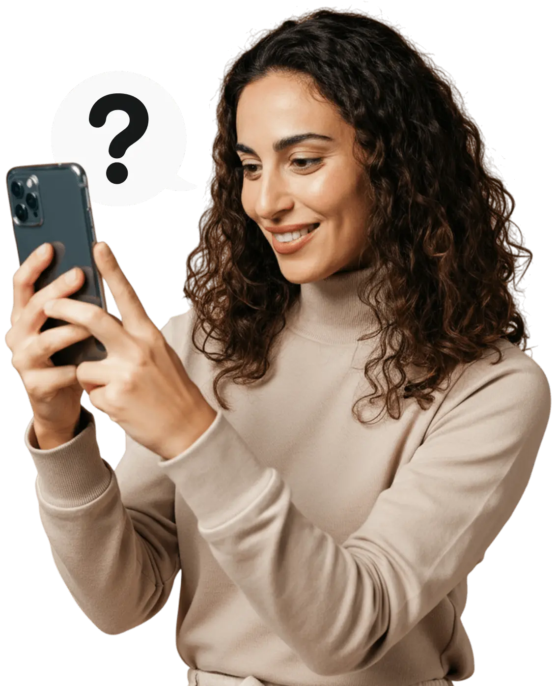 Eine Frau, die auf ihr Smartphone schaut und lächelt, mit einem Fragezeichen in einer Sprechblase neben ihr.