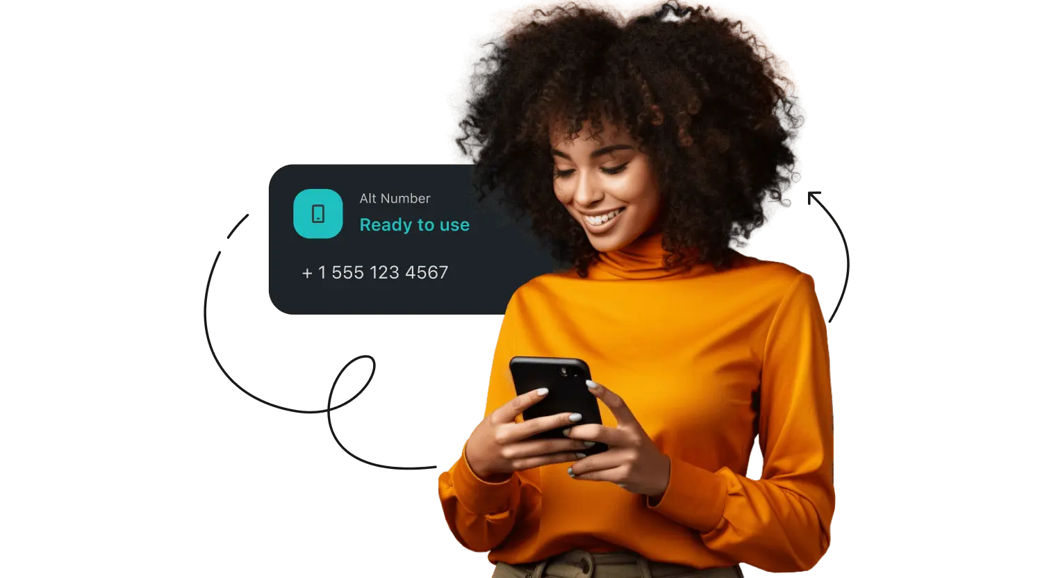 Eine lächelnde Frau in orangefarbenem Rollkragenpulli schaut auf ihr Smartphone. Ein Feld mit einer Alternative Number wird hinter ihr eingeblendet.